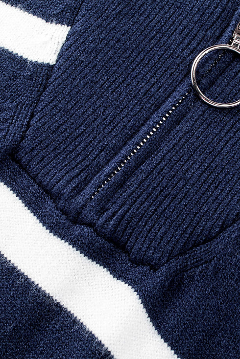 Striped O-Ring Zip Front Collared Drop Shoulder Long Sleeve Sweater Dress